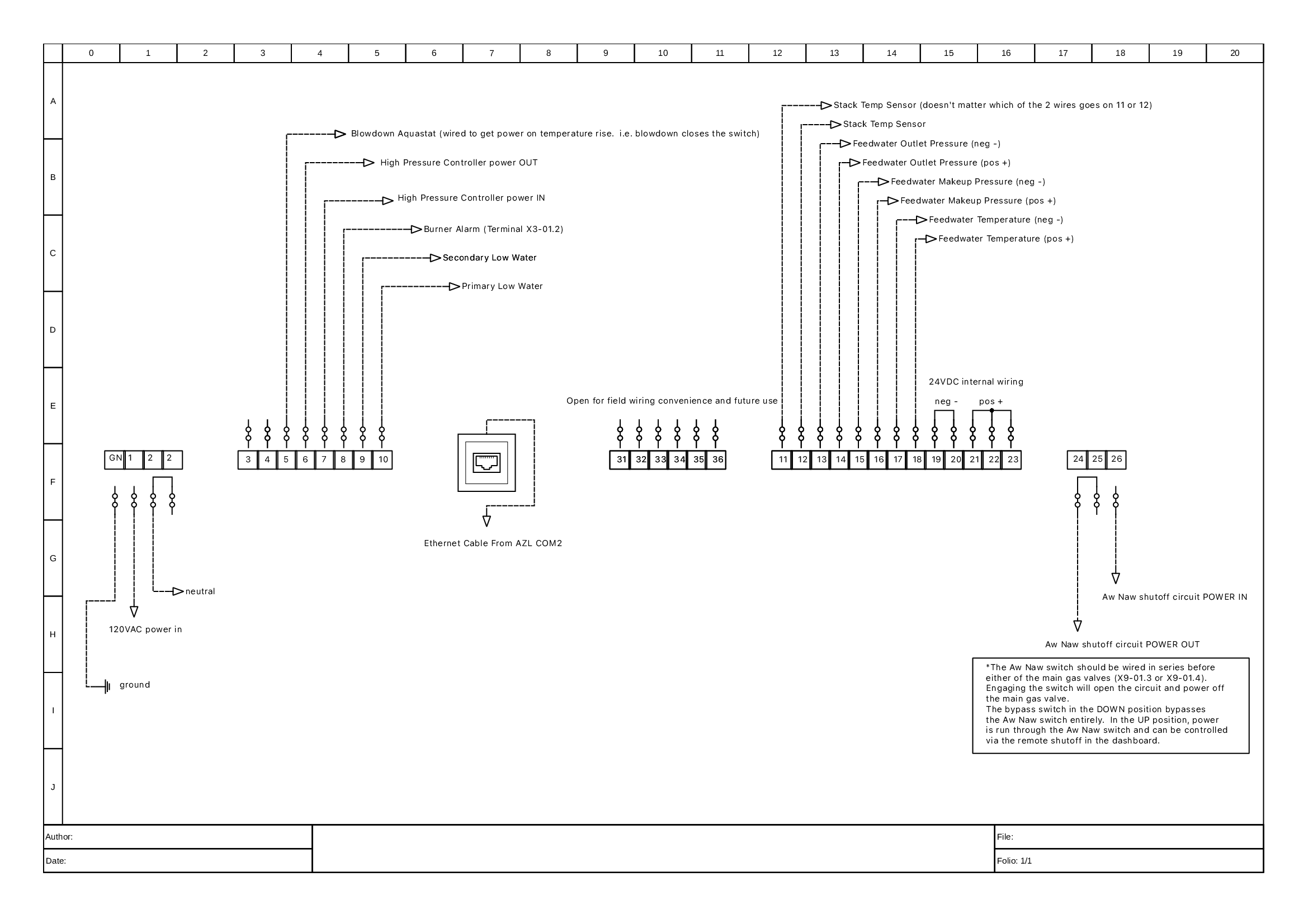 Squawkbox generic wiring diagram showing terminal connections for power, sensors, alarms, and the shutoff circuit